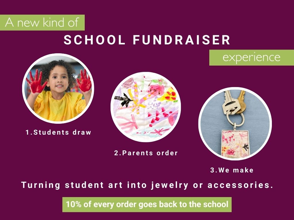 Colorful, handcrafted jewelry and accessories made from students' original artwork, displayed on a table for a school fundraiser. Each piece is unique, capturing children's creativity in wearable keepsakes.