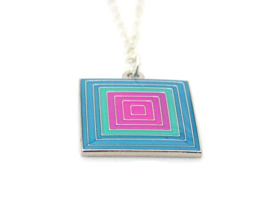 Necklace with a pattern of squares within squares blue and pink enamel