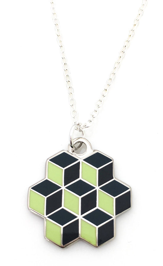 Optical illusion pendant of stacked black enamel cubes in an pentagon shape