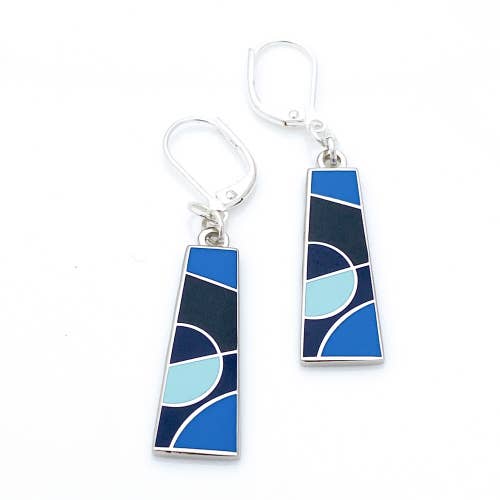Cubism inspired trapezoid shaped earrings in blue enamel