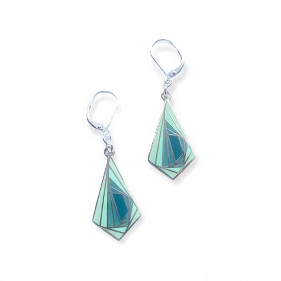 Diamond shaped aqua enamel earrings with repeating shapes in the center