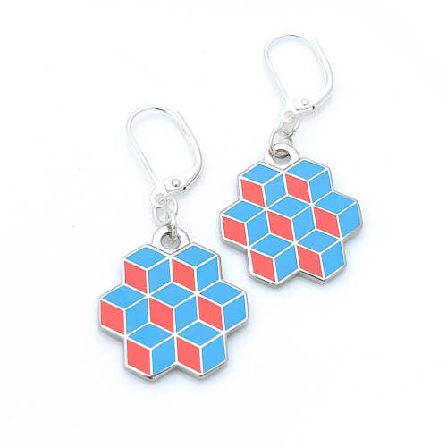 Earrings with optical illusion of stacked turquoise enamel cubes in an pentagon shape