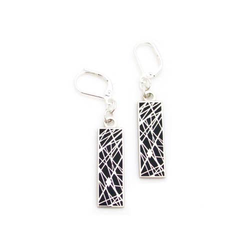 Black enamel earrings with pattern of interesecting lines