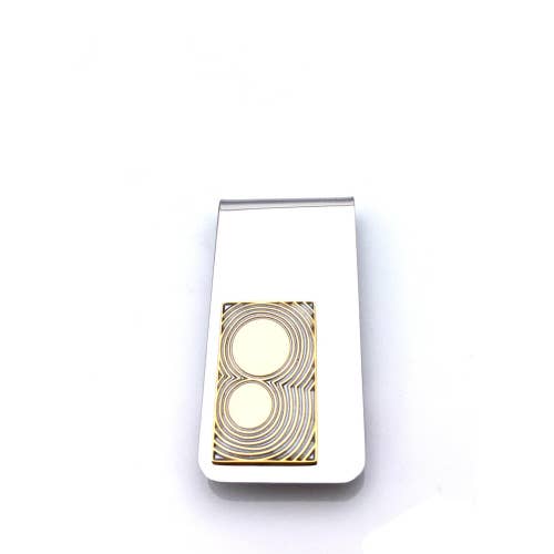Gold and silver rectangular money clip with thin lines and curved