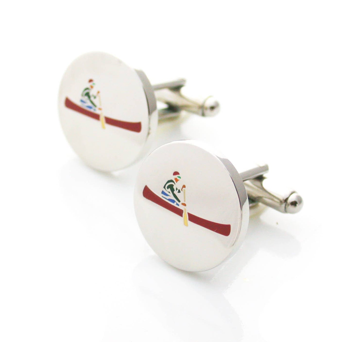 Enamel canoe and paddler cufflinks