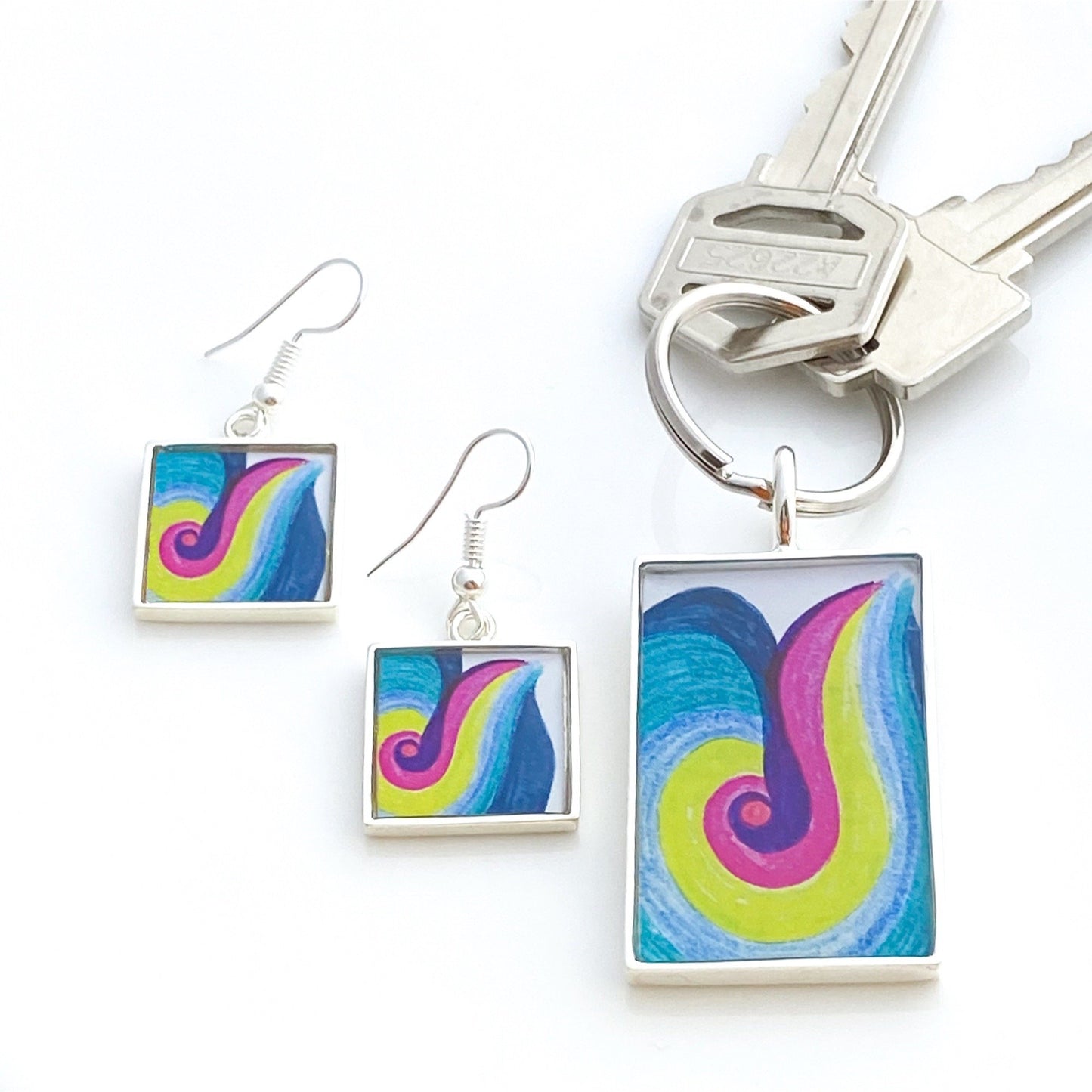 Keychain-matching-earrings-with-art-drawing