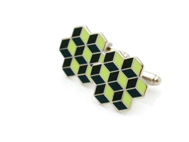 Cufflinks with optical illusion of stacked black enamel cubes in an pentagon shape