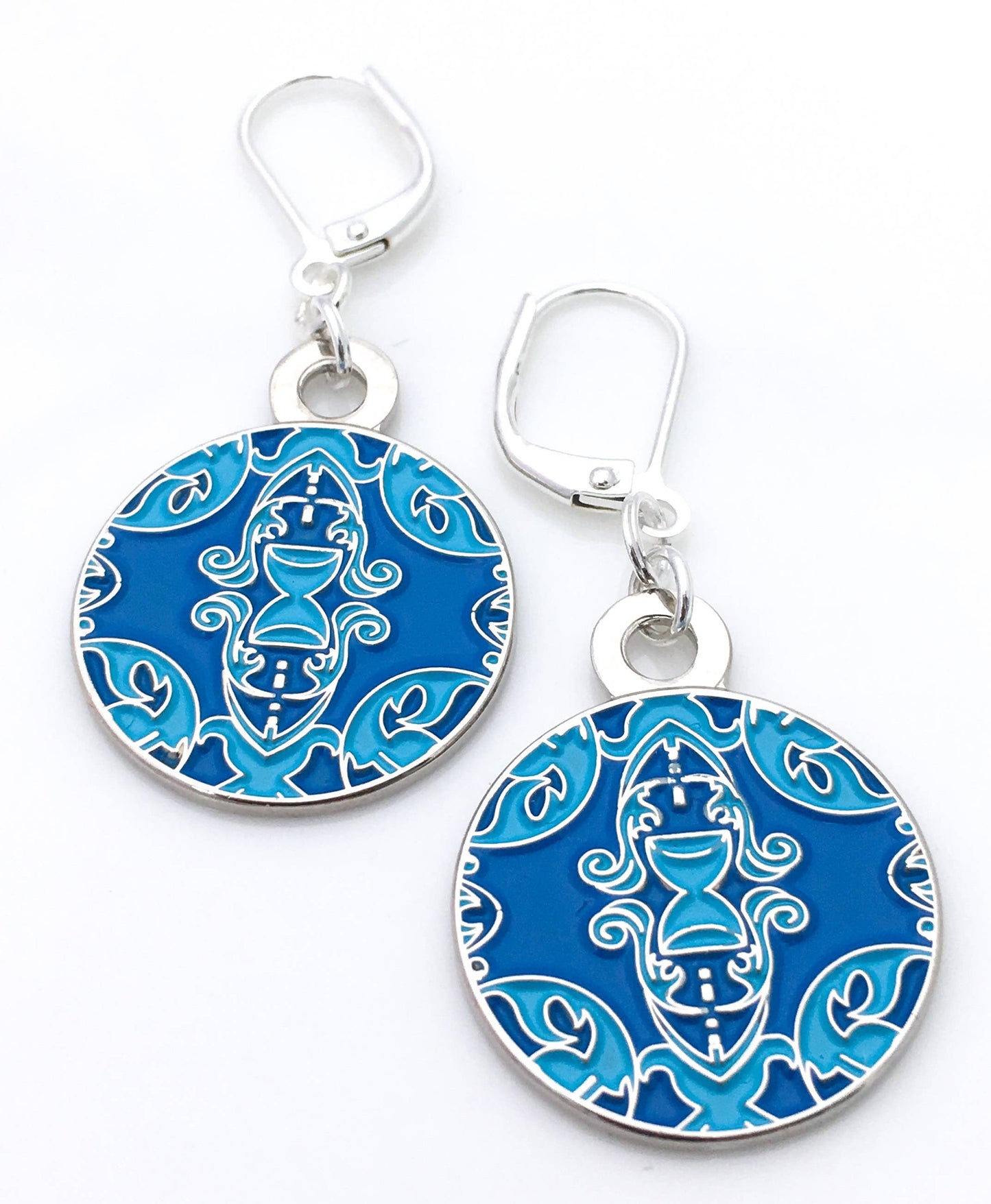 Ornate round enamel earrings in blue