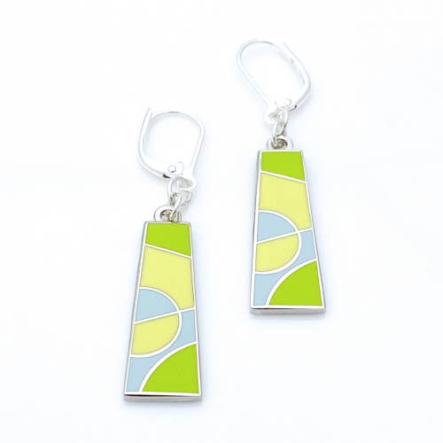 Cubism inspired trapezoid shaped earrings in yellow and lime enamel