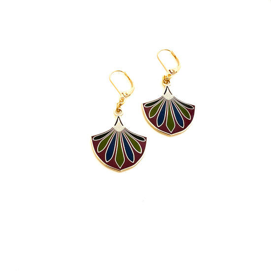 Pair of colorful fan-shaped earrings with gold hooks on a white background