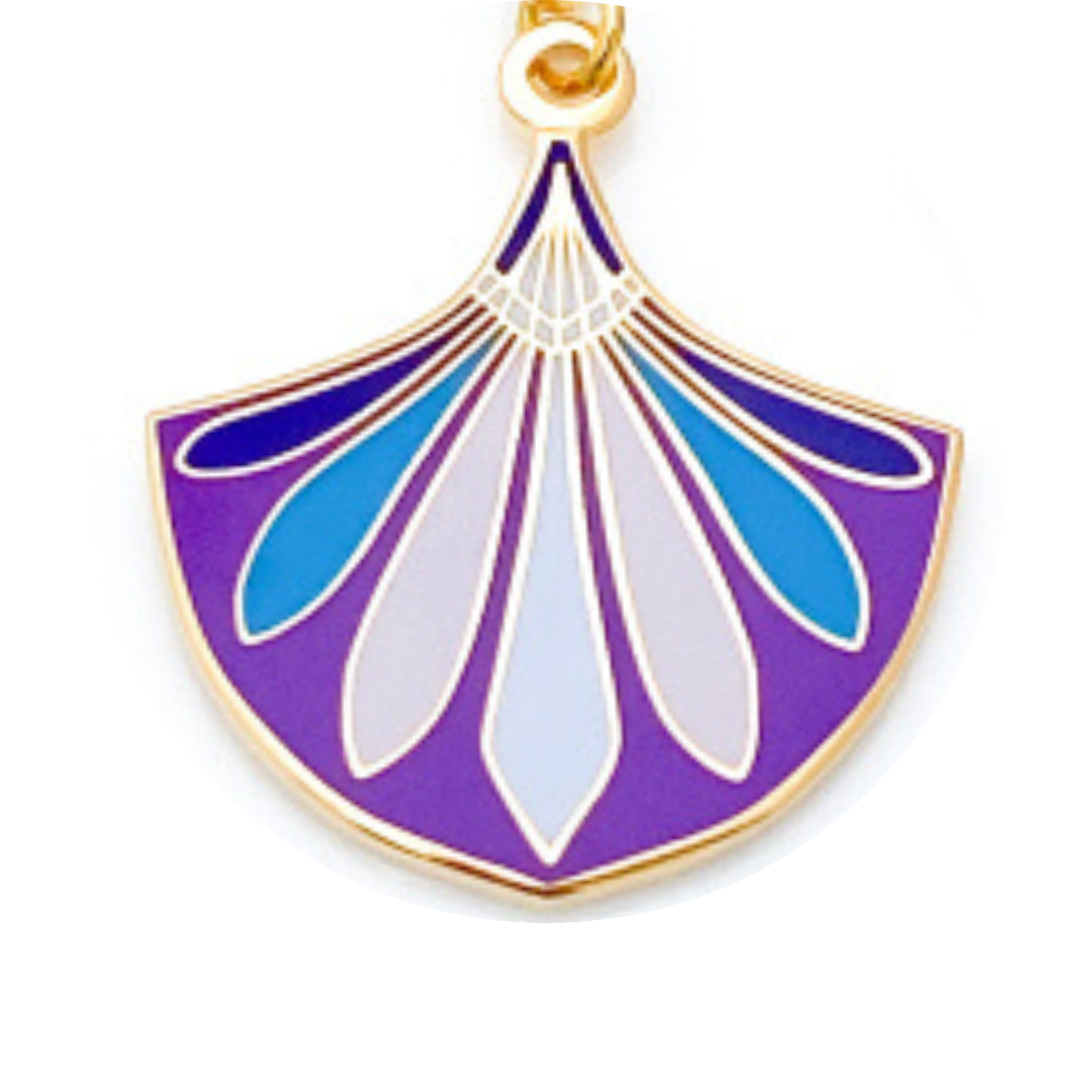 Decorative pendant with blue, white, and purple design on a gold chain against a white background
