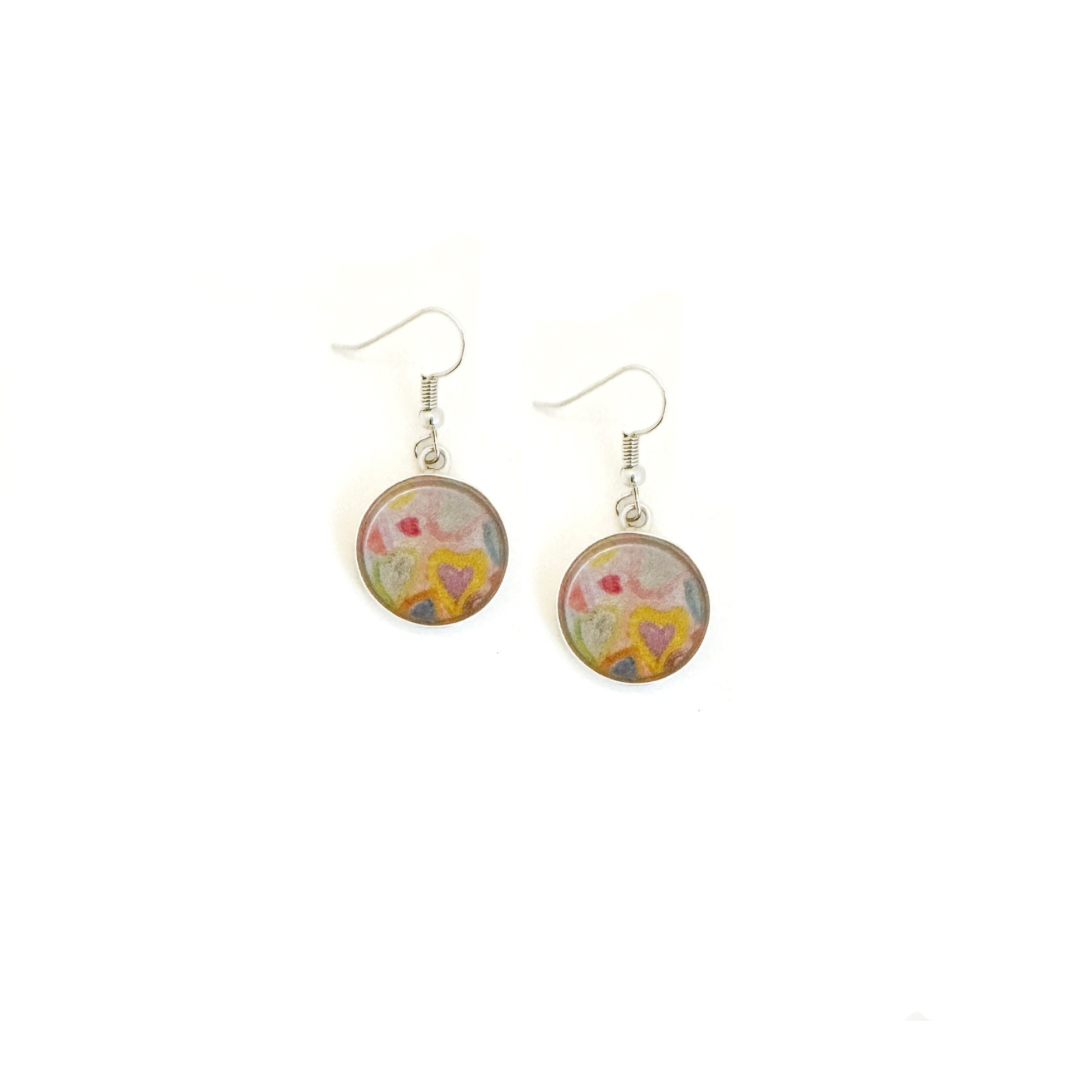 Custom circular artwork earrings — turn your child’s drawing or favorite art into wearable keepsakes. Perfect personalized gift!
