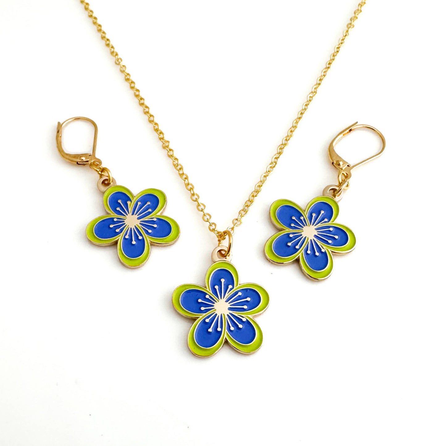 Blossom blue set  necklace in gold – cherry blossom inspired jewelry