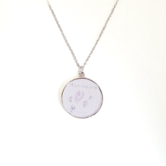 Personalized artwork necklace made from your child’s art or design, a meaningful keepsake for moms and loved ones.