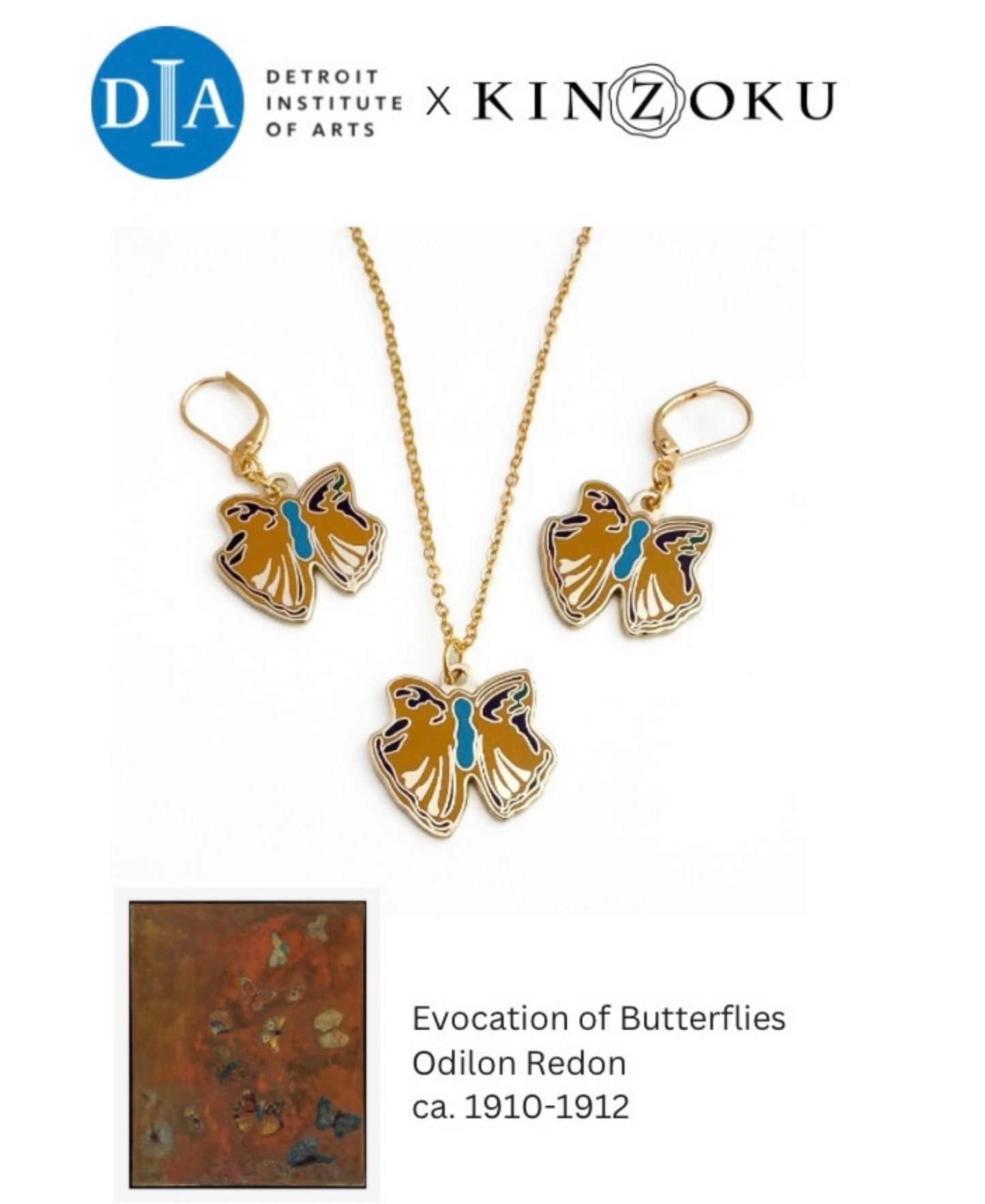Butterfly-themed jewelry set with 'DIA' and 'KINZOKU' branding on a white background. Inspired on Evocation of butterlies Odilon Redon
