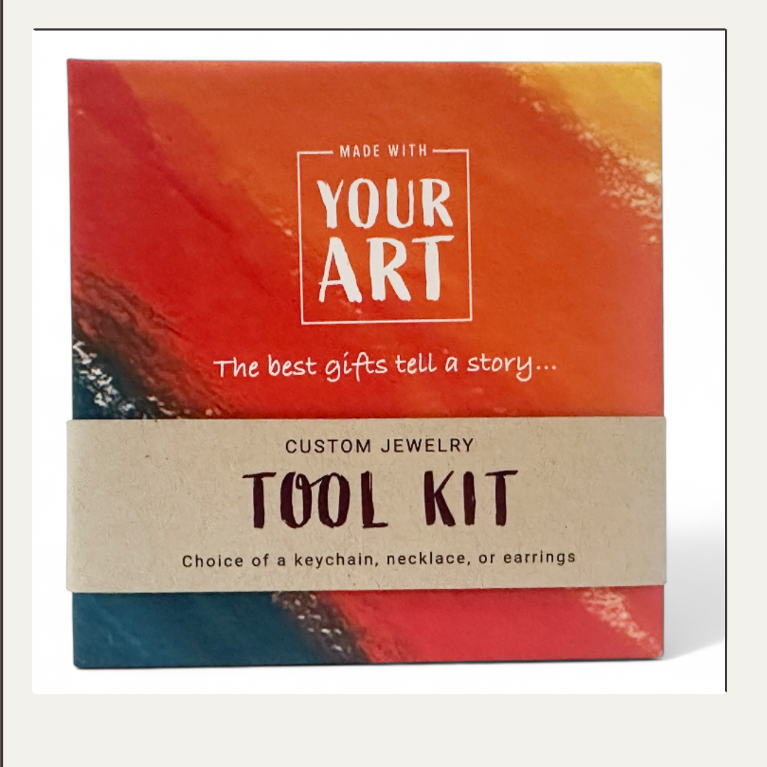 Custom jewelry tool kit packaging with abstract design and text.