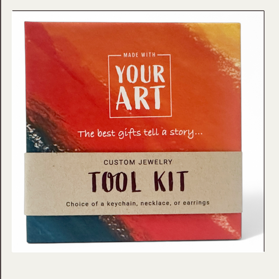 Custom jewelry tool kit packaging with abstract design and text.
