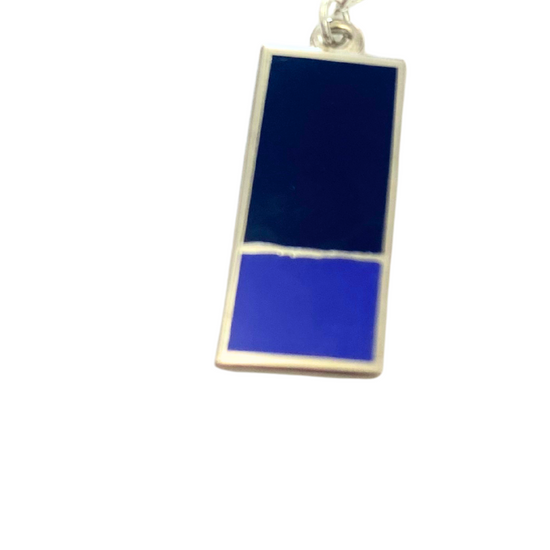 Blue rectangular pendant with silver border on a white background