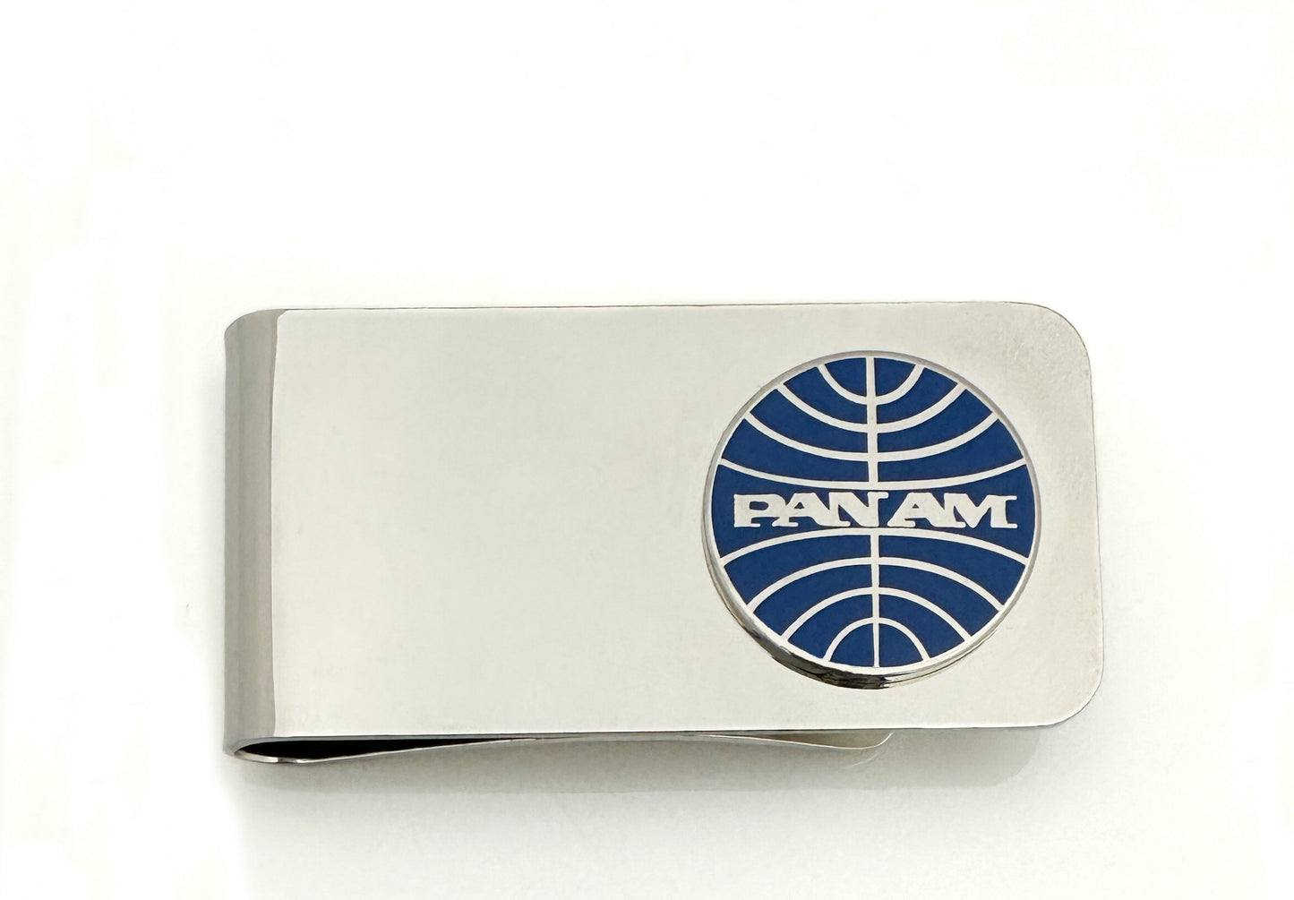 Silver metal money clip with Pan Am logo 