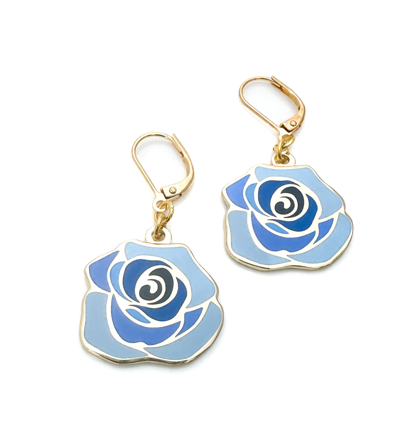 Blue rose-shaped earrings with gold hooks on a white background