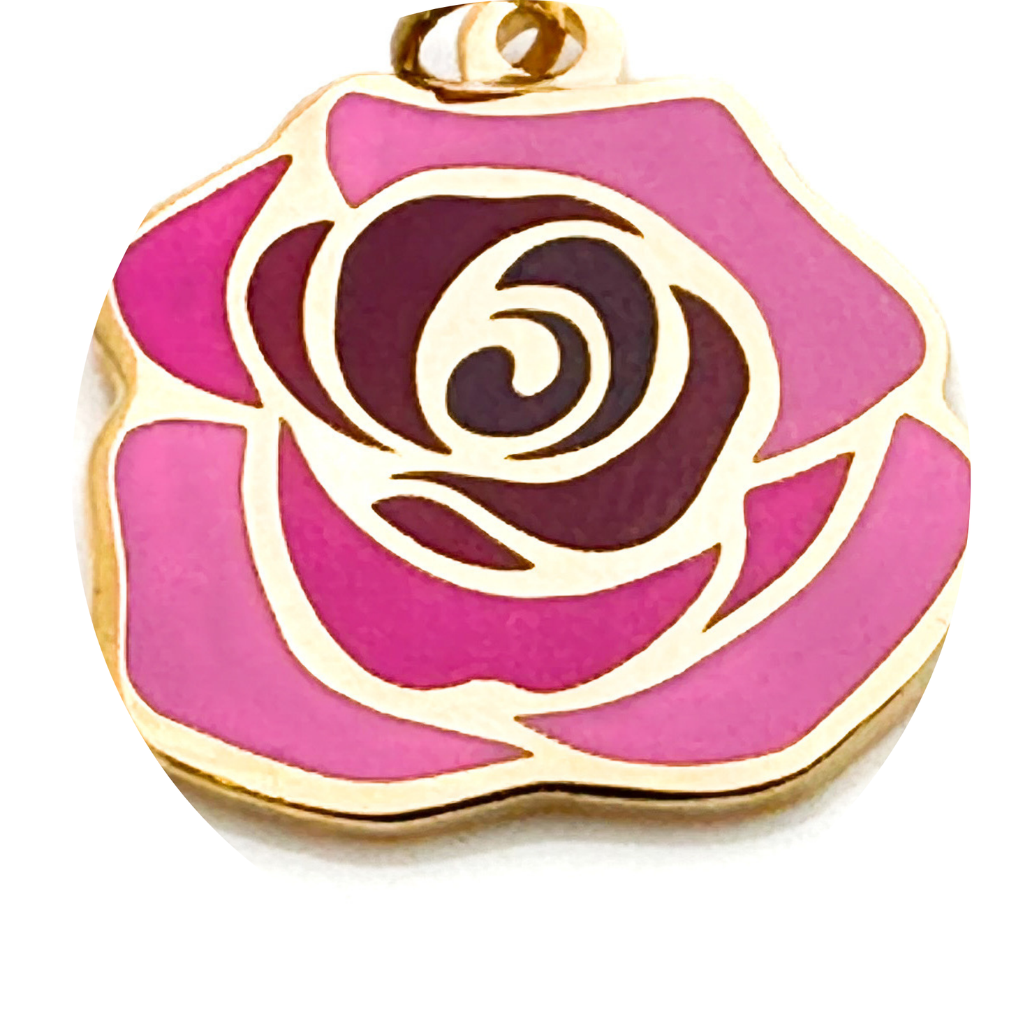 Pink rose pendant with gold outline on a white background