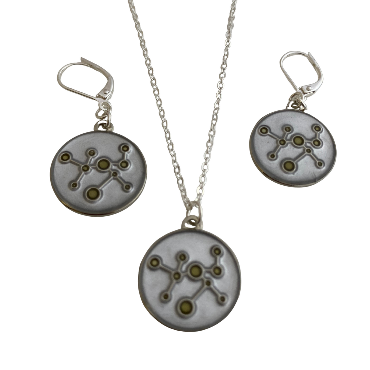 enamel earrings and enamel necklace inspired in a molecular design for MIT museum