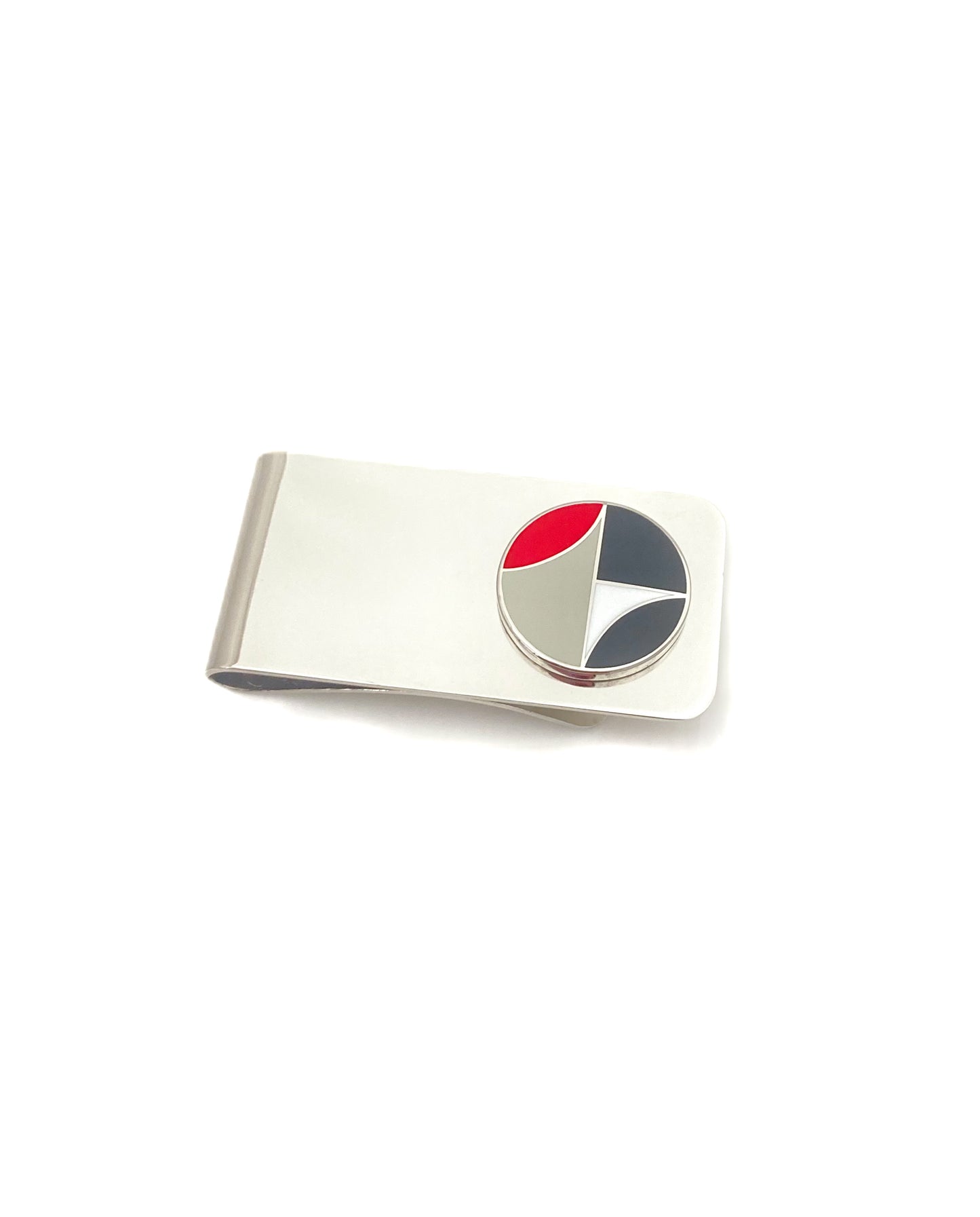 Money clip with a circular design featuring red, blue, and gray colors on a white background