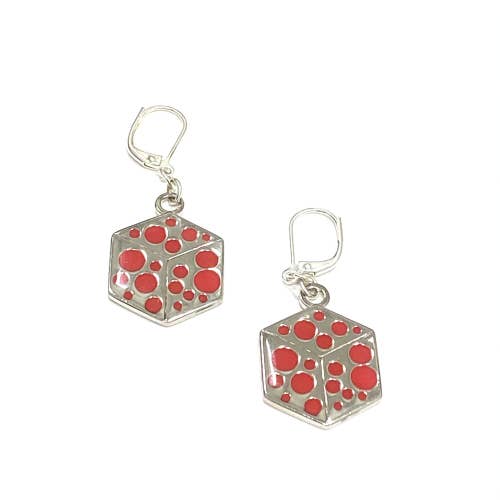Cube earrings with red enamel polka dots