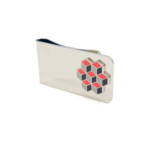 Money clip with enamel piece showing optical illusion of stacked red and black enamel cubes in an pentagon shape