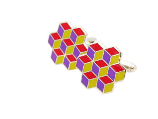 Cufflinks with optical illusion of stacked lime enamel cubes in an pentagon shape