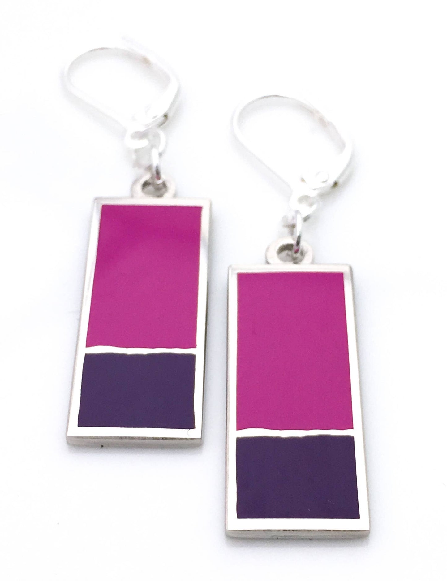 Enamel earrings with rectangle in purple enamel and smaller rectangle in mauve