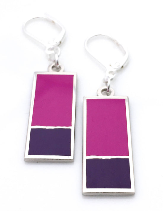 Enamel earrings with rectangle in purple enamel and smaller rectangle in mauve
