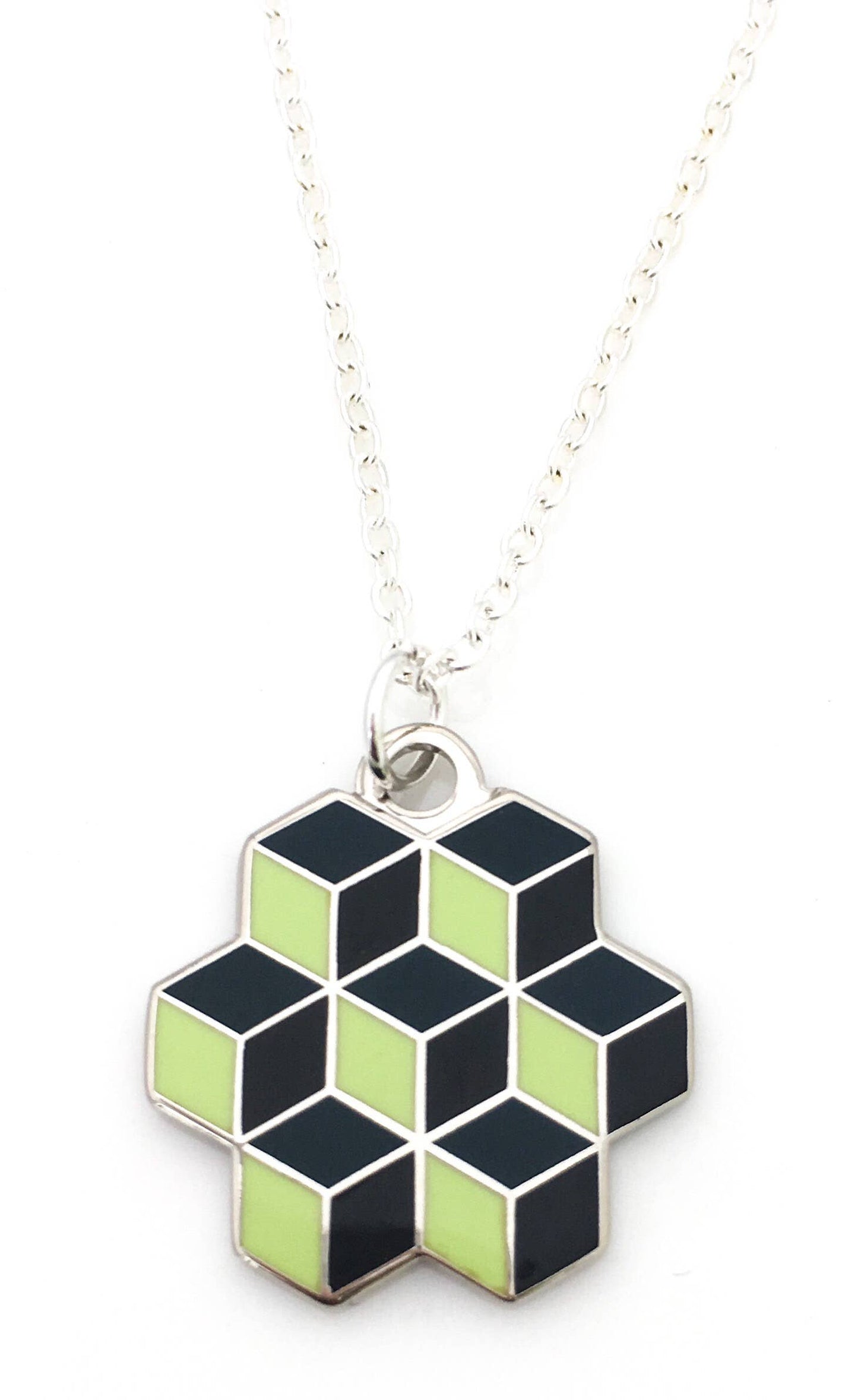 Load image into Gallery viewer, Optical illusion pendant of stacked black enamel cubes in an pentagon shape
