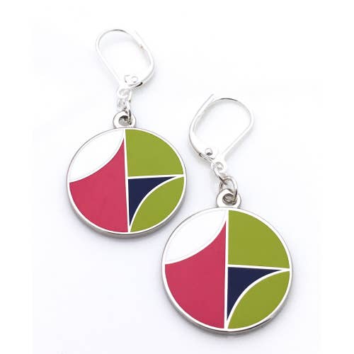 Architecture inspired enamel earings in pink and green