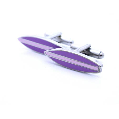 Surboard shaped cufflinks in mauve enamel with a stripe down the center