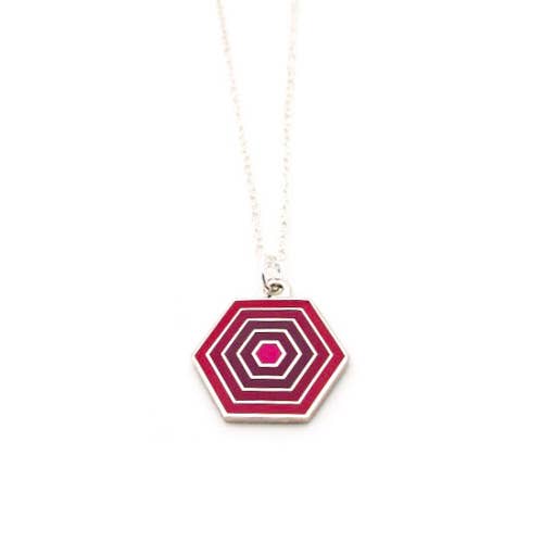 Honey comb shaped enamel necklace in pinks