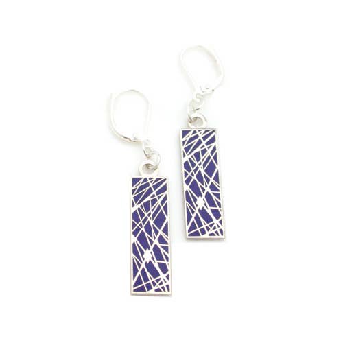 Violet enamel earrings with pattern of interesecting lines