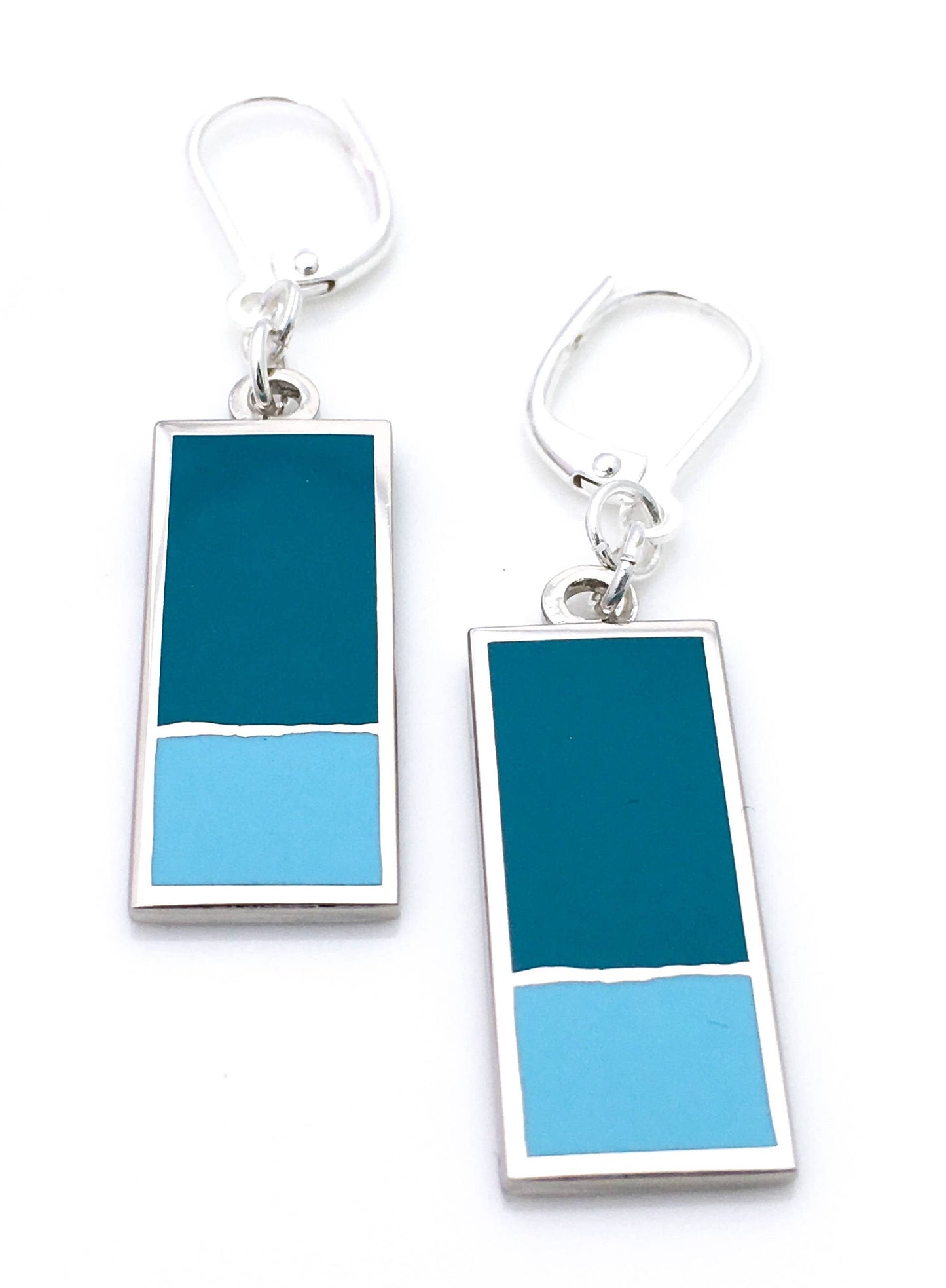 Enamel earrings with rectangle in teal enamel and smaller rectangle in a light blue