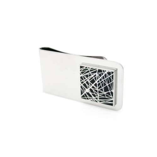 Black enamel money clip with pattern of interesecting lines