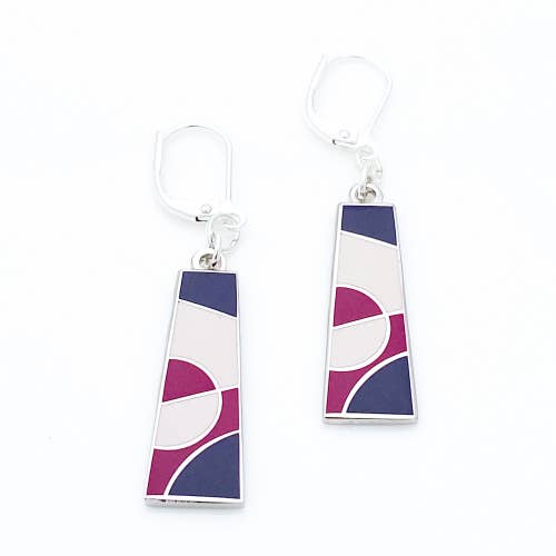 Cubism inspired trapezoid shaped earrings in burgundy enamel