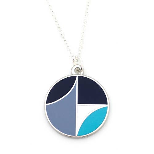 Architecture inspired enamel necklace in navy and white