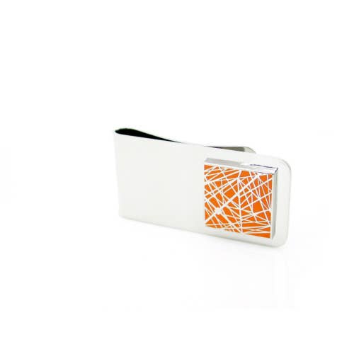 Orange enamel money clip with pattern of interesecting lines