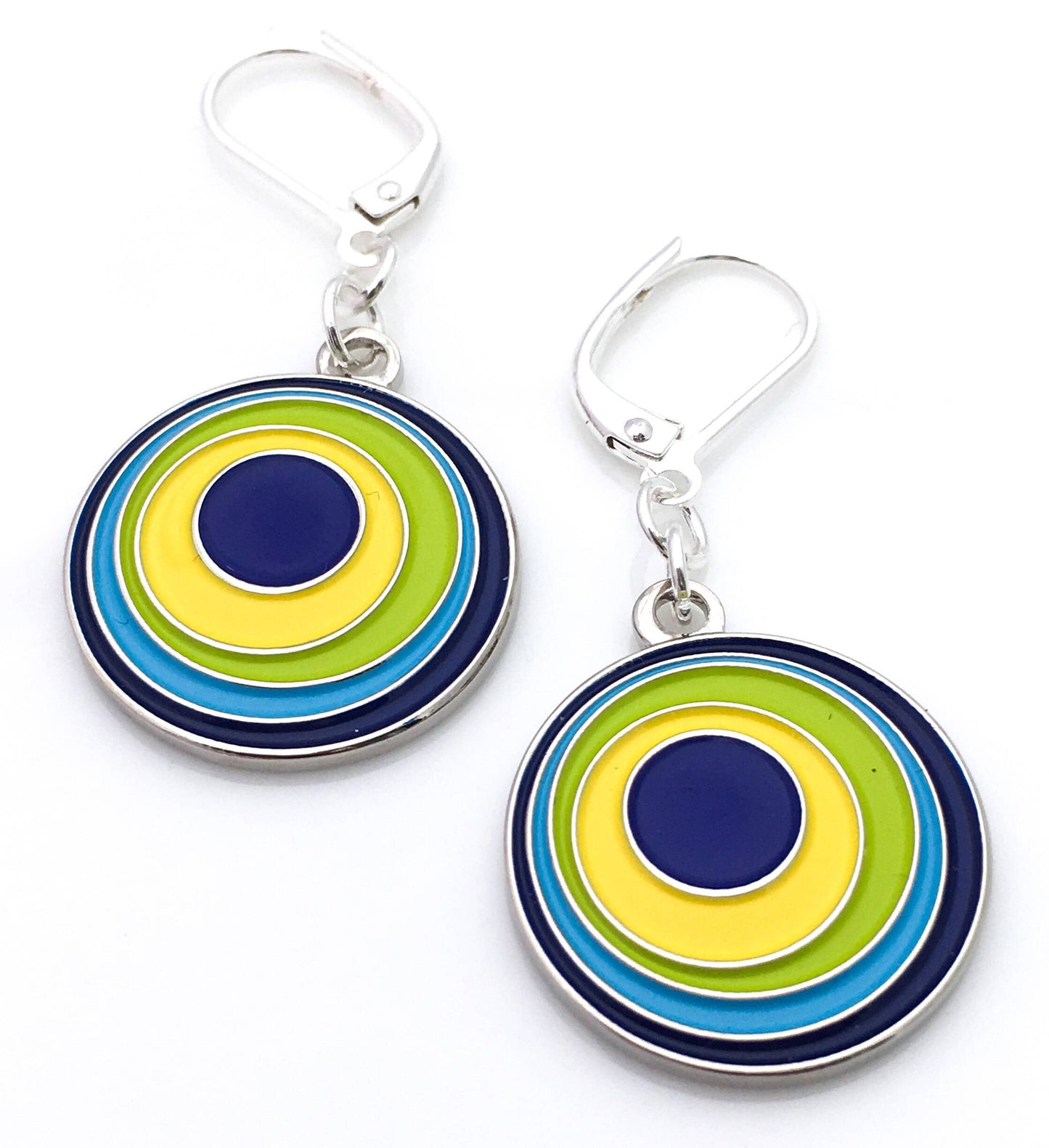 Round earrings with circles within circles blue and yellow