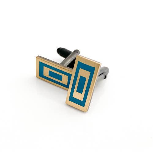 Load image into Gallery viewer, Antique gold cufflinks with teal enamel symetrical pattern
