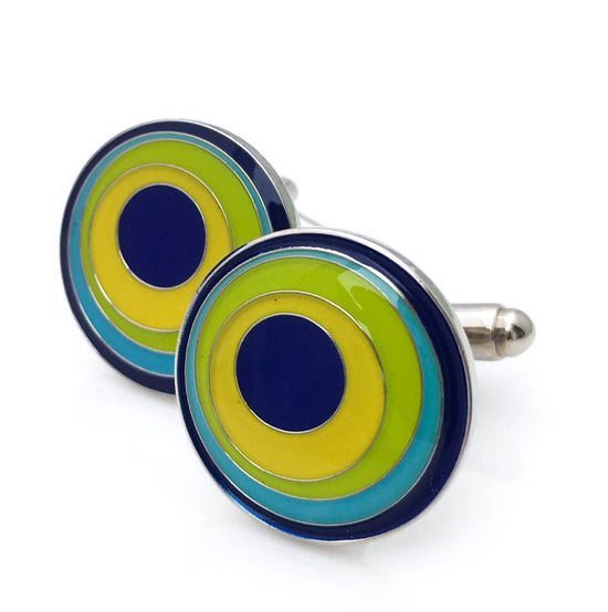 Round cufflinks with circles within circles blue and yellow