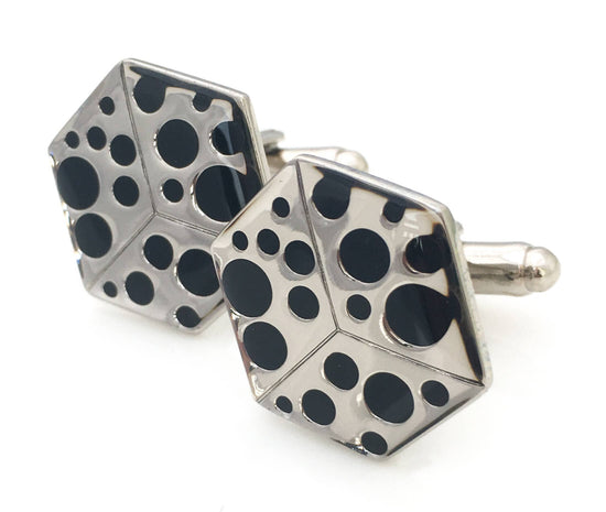 Cube cufflinks with black enamel polka dots