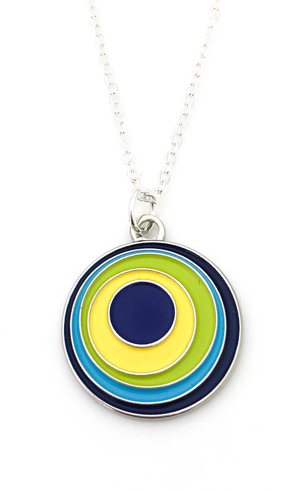 Round necklace with circles within circles blue and yellow