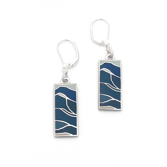 Load image into Gallery viewer, Square earrings with a waves of blue enamel
