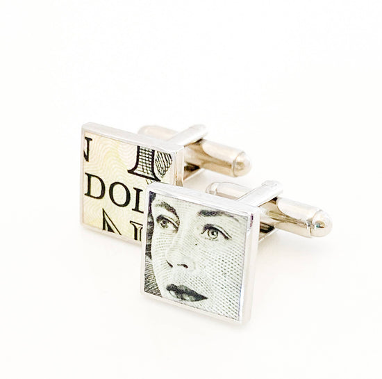 Square cufflinks with picture of the Queen from Canadian dollar bill