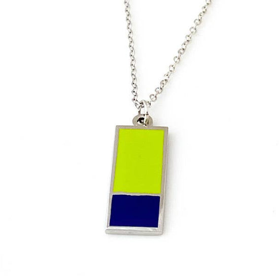 Enamel necklace with rectangle in lime enamel and smaller rectangle in a dark blue